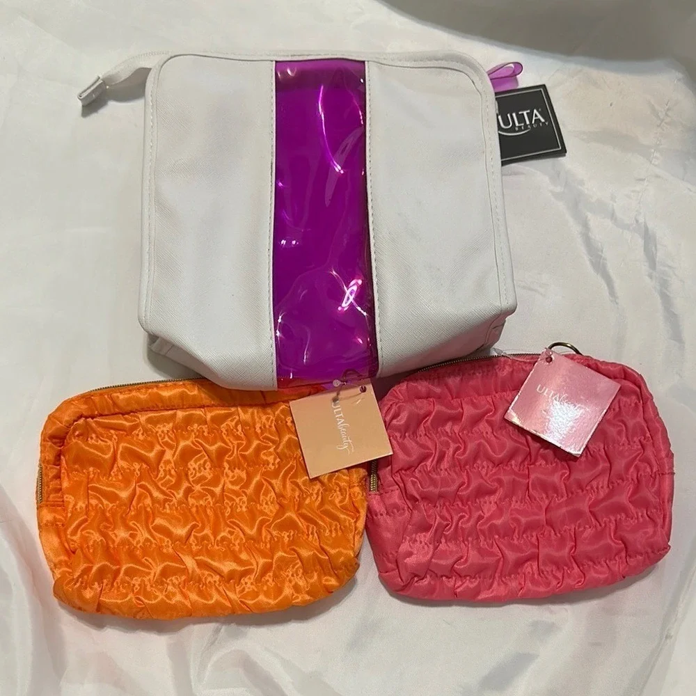 Ulta Beauty 3 Piece Makeup Bag Set White Orange Pink Ruched Cosmetic Pouches New